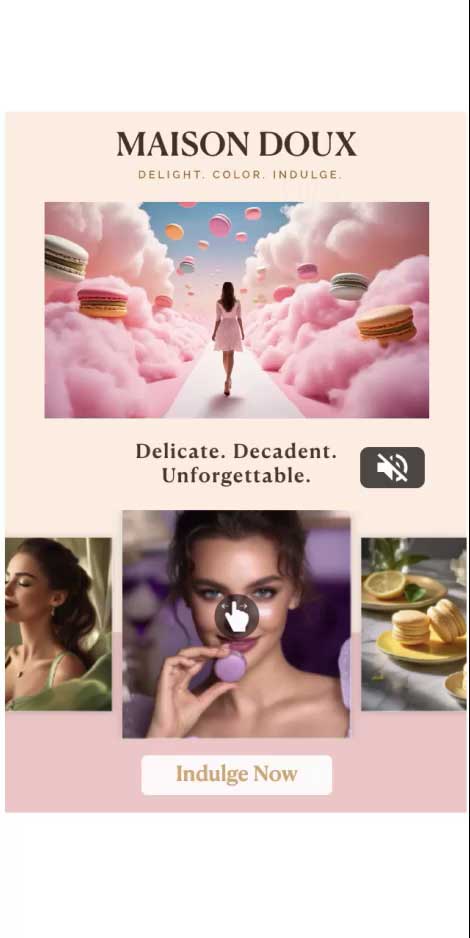 Mobile mockup of MotionStack 360 ad format showing autoplay video above a swipeable image carousel in a 320×480 layout.