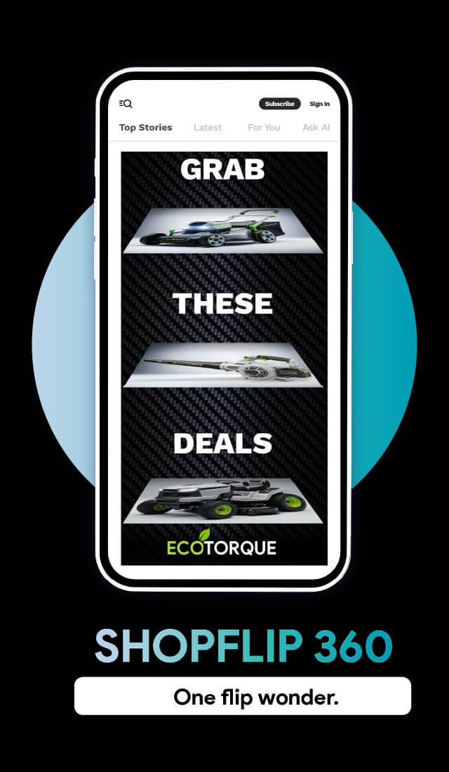 Mobile mockup of HexaFlow 360 Halfpage ad with 6 rotating interactive panels shown on a smartphone.
