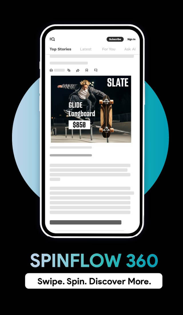 Mobile phone mockup showing SpinFlow 360 ad with interactive rotating wheel interface in a 300x250 unit.